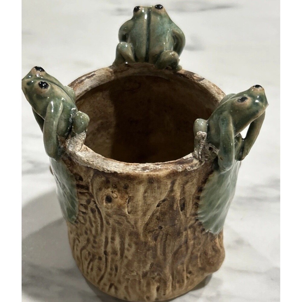 Vintage Majolica Pottery Lucky Frog Planter 4”Tallx3” Tree Stump Bohemian